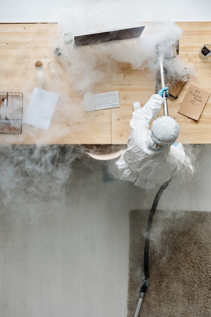 about-02 A person in protective gear sanitizing an office desk using fumigation equipment during daytime.