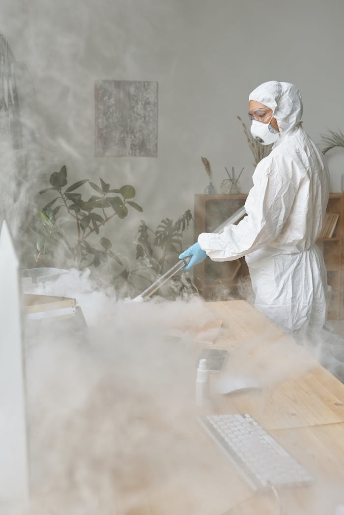 hero-01 Woman wearing PPE suit disinfecting desk in a smoke-filled office for hygiene.